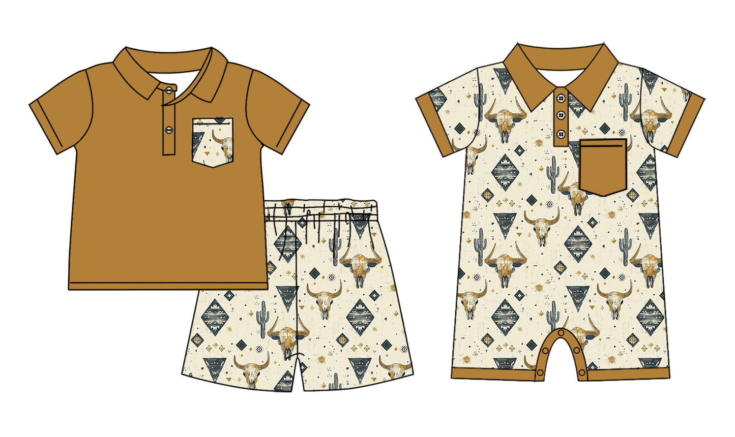 12.9(Custom Design Preorder MOQ 5 Each Design) Aztec Cow Skull Print Boys Summer Matching Clothes Brothers Wear