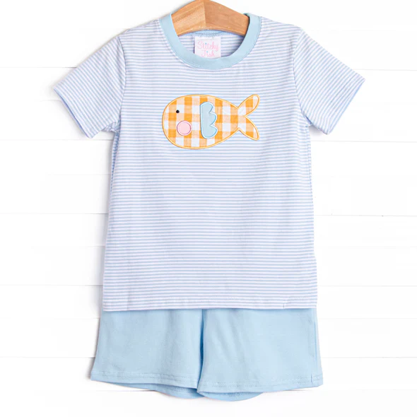 (Custom Design Preorder MOQ 5) Fish Stripes Top Blue Shorts Boys Summer Clothes Set