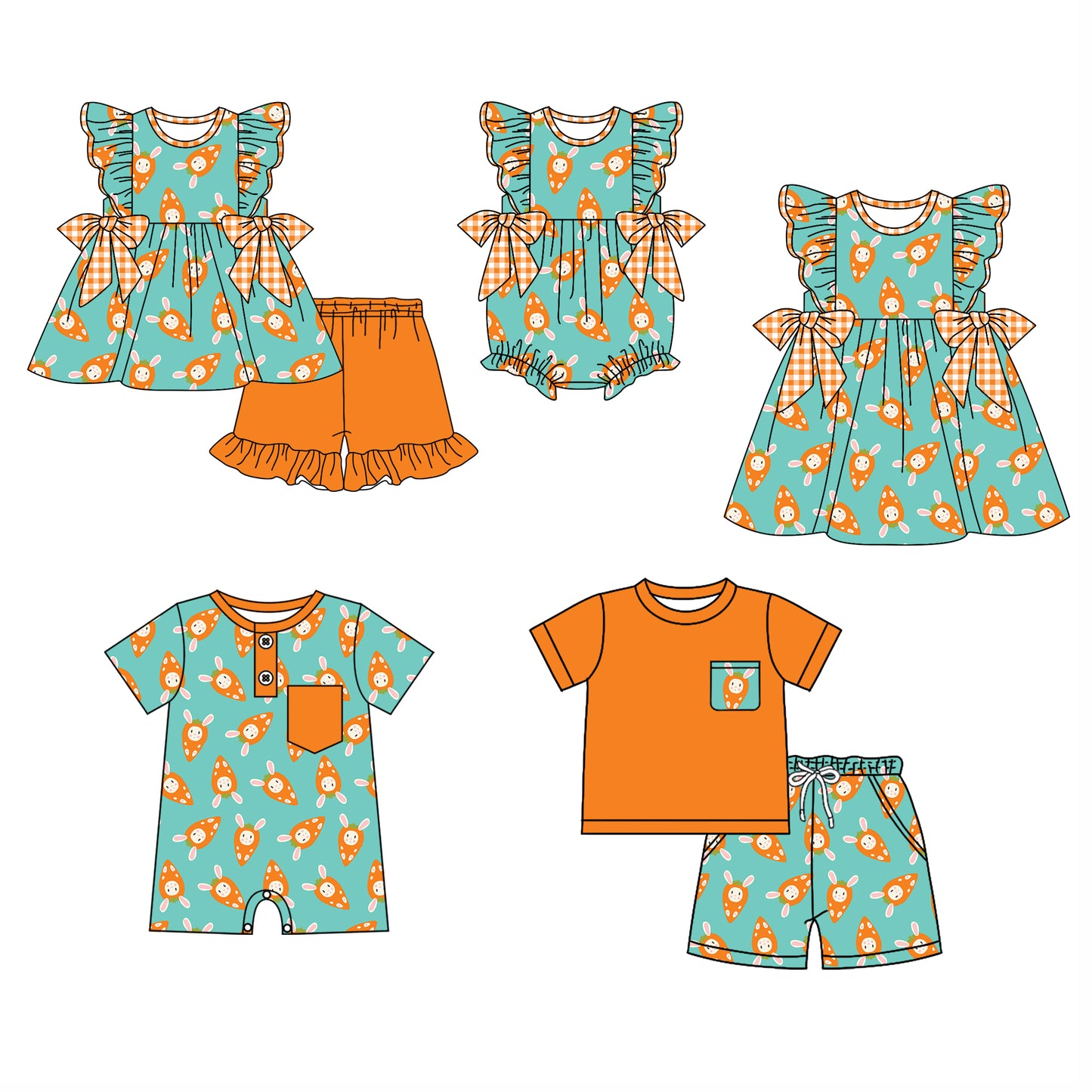 12.5 (Custom Design Preorder MOQ 5 Each Design) Bunny Carrot Print Kids Easter Matching Clothes Sibling Wear
