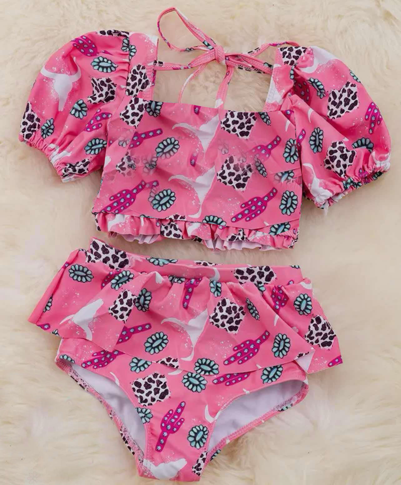 (Custom Design Preorder MOQ 5) Turquoise Pink Print Girls 2 Piece Swimsuits
