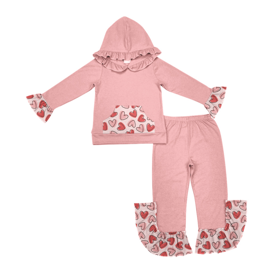 (Custom Design Preorder MOQ 5) Heart Pink Color Girls Valentine's Day Hoodie Clothes Set