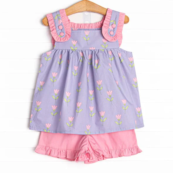 (Custom Design Preorder MOQ 5) Flowers Tunic Top Pink Shorts Girls Summer Clothes Set
