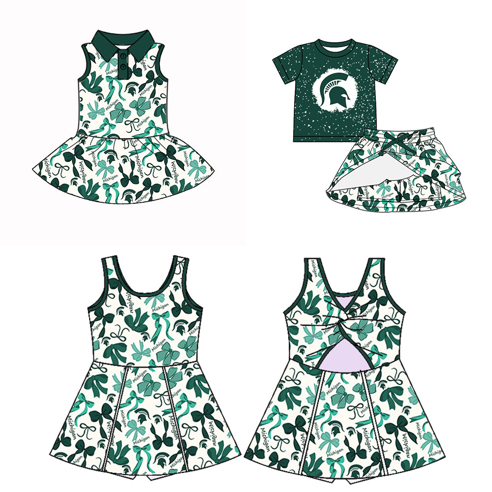 (Custom Design Preorder MOQ 5 Each Color) Team's Michigan Green Bows Print Girls Summer Clothes Sisters Matching Wear