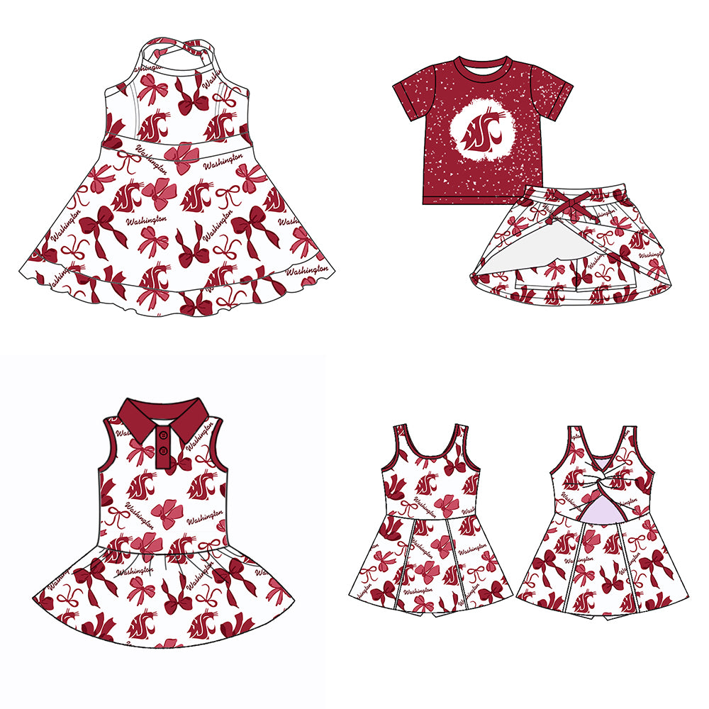 (Custom Design Preorder MOQ 5 Each Color) Team's Washington State Cougars Bows Print Girls Summer Clothes Sisters Matching Wear