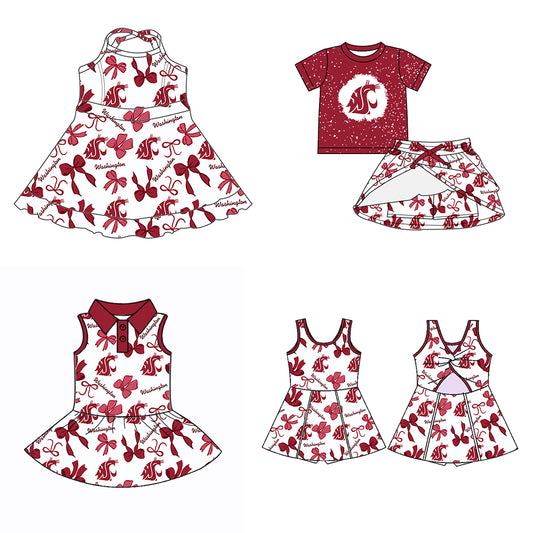 (Custom Design Preorder MOQ 5 Each Color) Team's Washington State Cougars Bows Print Girls Summer Clothes Sisters Matching Wear
