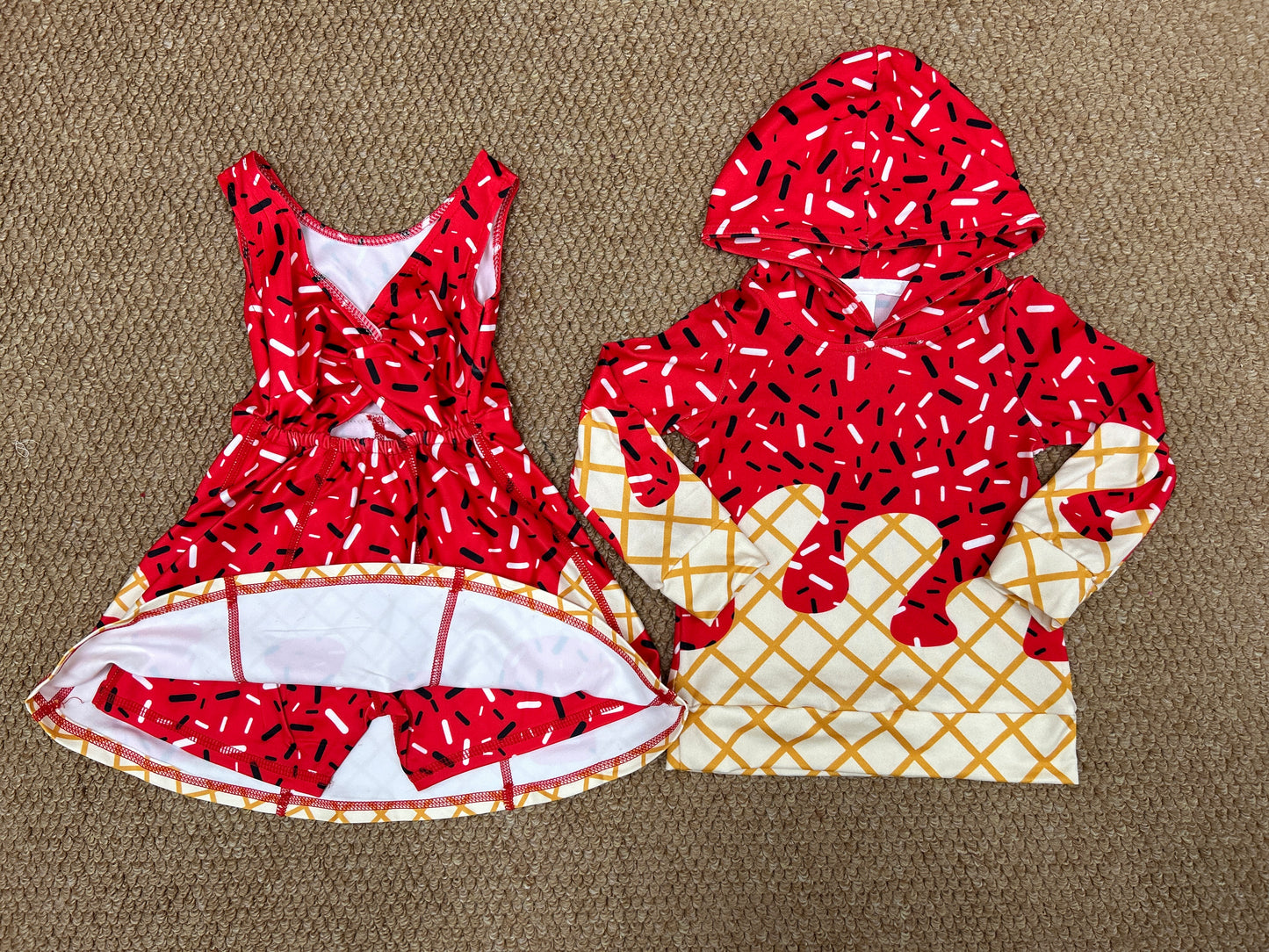 Sprinkles Red Print Girls Yoga Dress & Boys Hoodie Top Sibling Matching Clothes