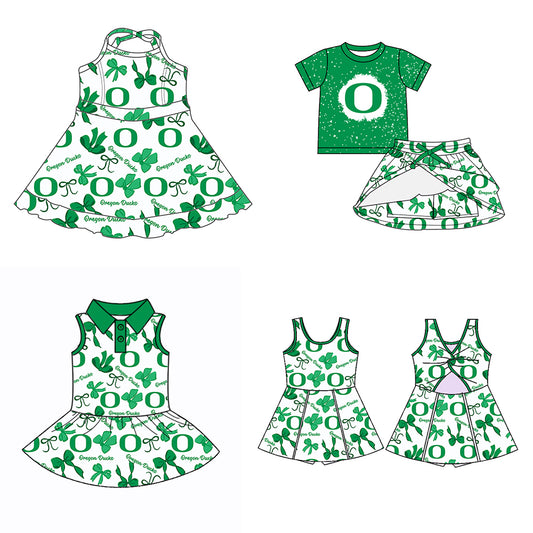 (Custom Design Preorder MOQ 5 Each Color) Team's Oregon Ducks Bows Print Girls Summer Clothes Sisters Matching Wear