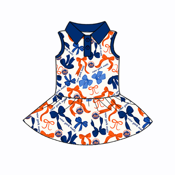 (Custom Design Preorder MOQ 5 Each Color) Team's NEW YORK METS Bows Print Girls Summer Clothes Sisters Matching Wear
