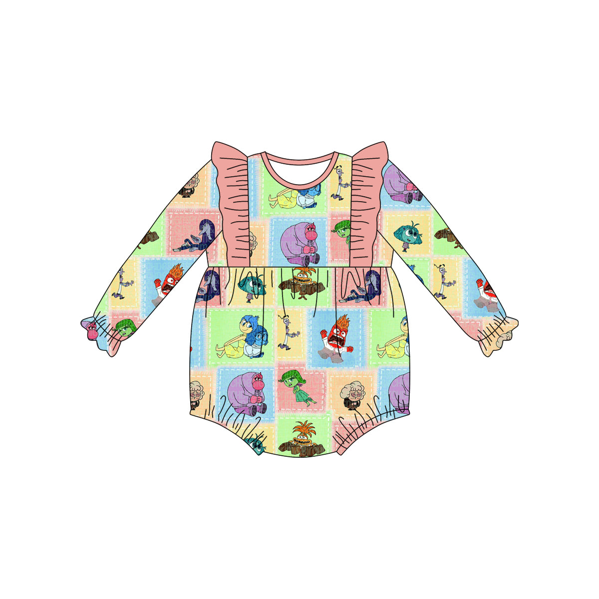 (Custom Design Preorder MOQ 5) Cartoon Figure Inside Out Print Baby Girls Romper