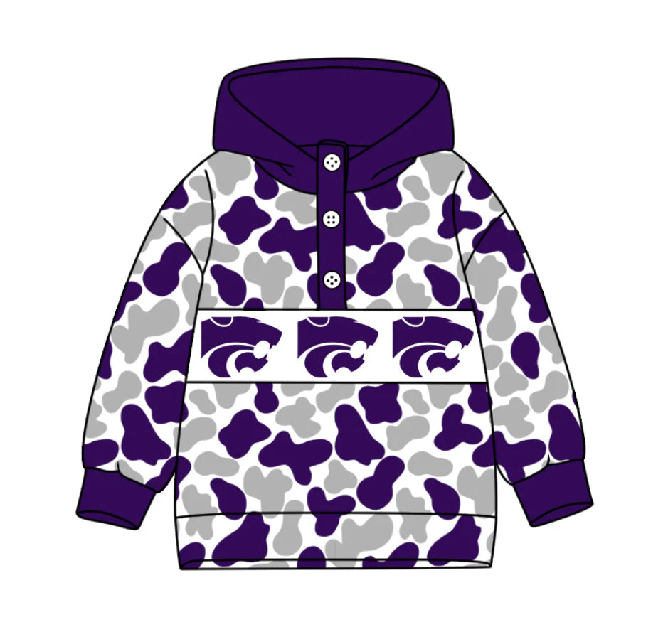 (Custom Design Preorder MOQ 5) Team's Kansas State Wildcats Camo Print Kids Long Sleeve Buttons Hoodie Top