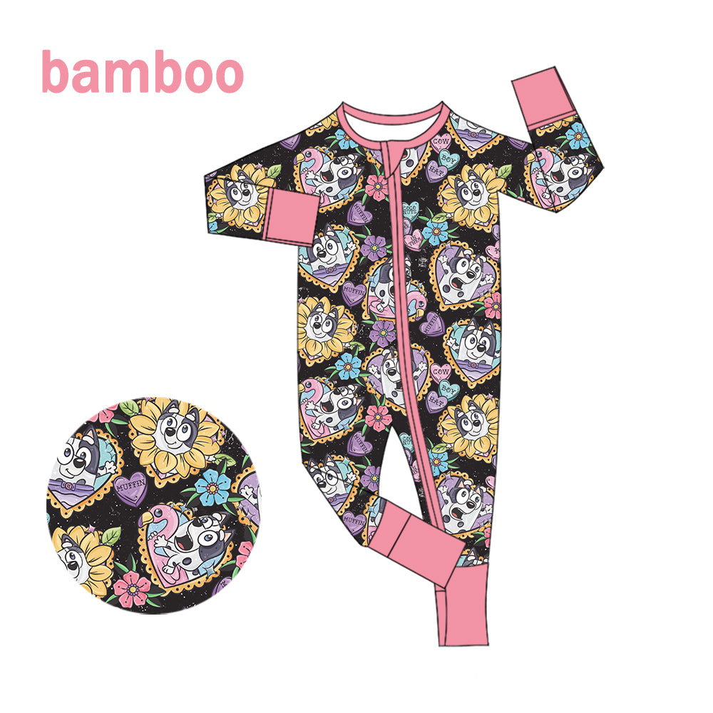 (Custom Design Preorder MOQ 20) Cartoon Dog Flowers Print Baby Girls Long Sleeve Bamboo Sleeper Zipper Romper