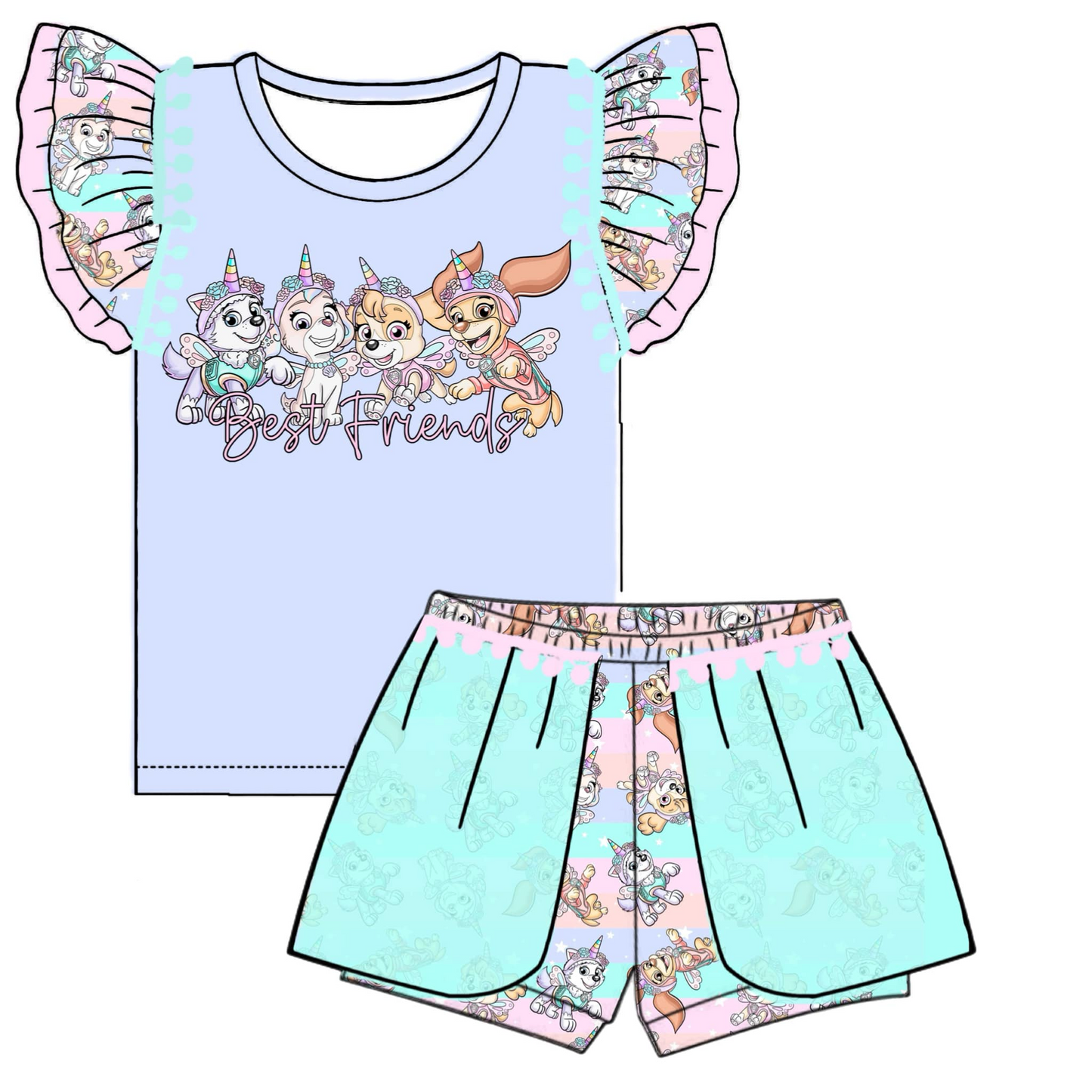 (Custom Design Preorder MOQ 5) Cartoon Dog Print Girls Summer Clothes Set