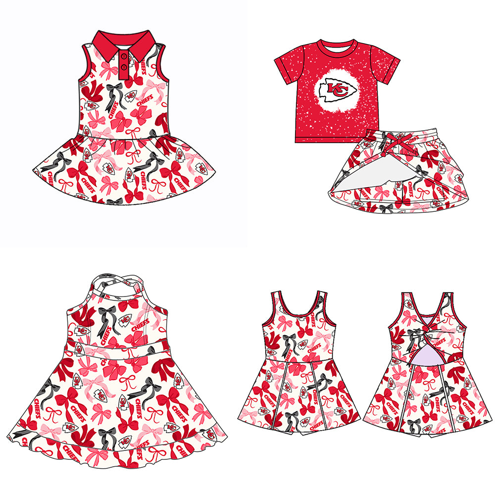 (Custom Design Preorder MOQ 5 Each Color) Team's KC CHIEFS Bows Print Girls Summer Clothes Sisters Matching Wear