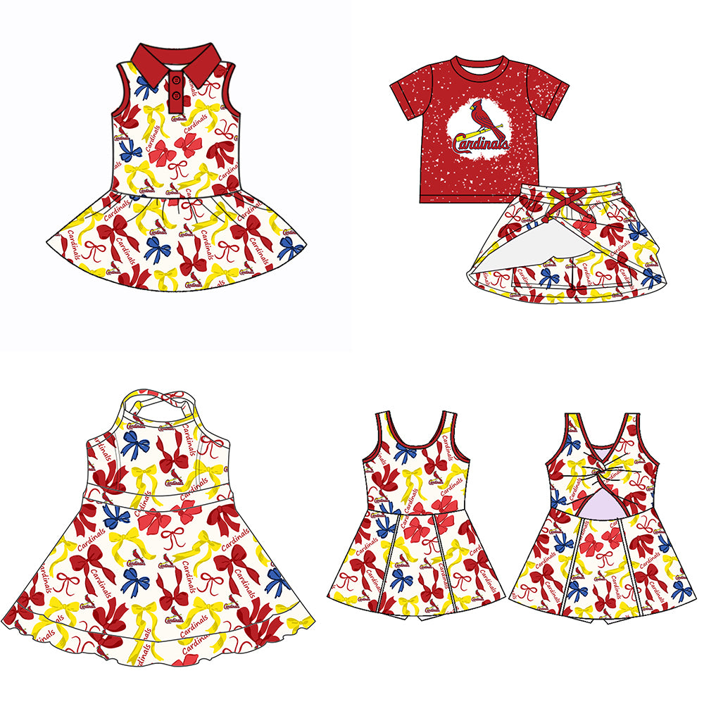 (Custom Design Preorder MOQ 5 Each Color) Team's CARDINALS Bows Print Girls Summer Clothes Sisters Matching Wear