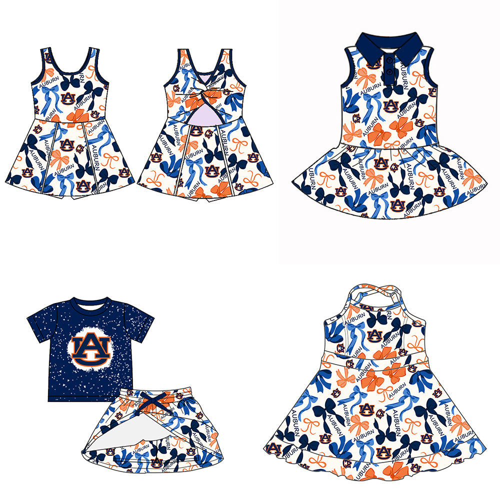 (Custom Design Preorder MOQ 5 Each Color) Team's AUBURN Bows Print Girls Summer Clothes Sisters Matching Wear