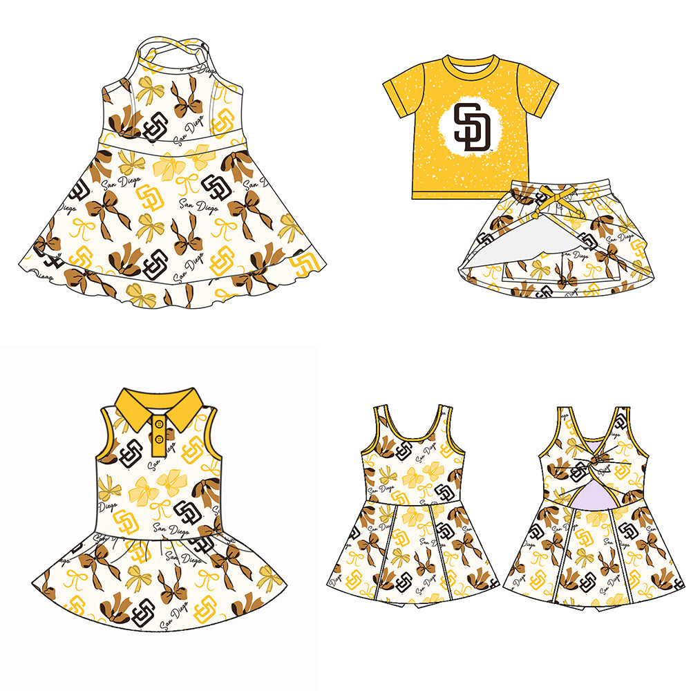 (Custom Design Preorder MOQ 5 Each Color) Team's SAN DIEGO Bows Print Girls Summer Clothes Sisters Matching Wear