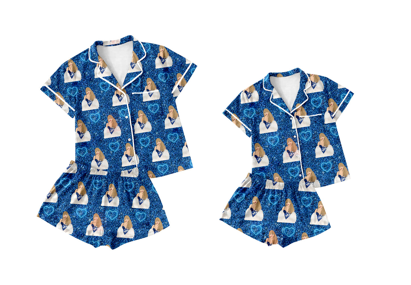 12.10(Custom Design Preorder MOQ 5 Each Design) Singer Swiftie Heart Blue Print Buttons Pajamas Sets Mom and Me Summer Matching Clothes