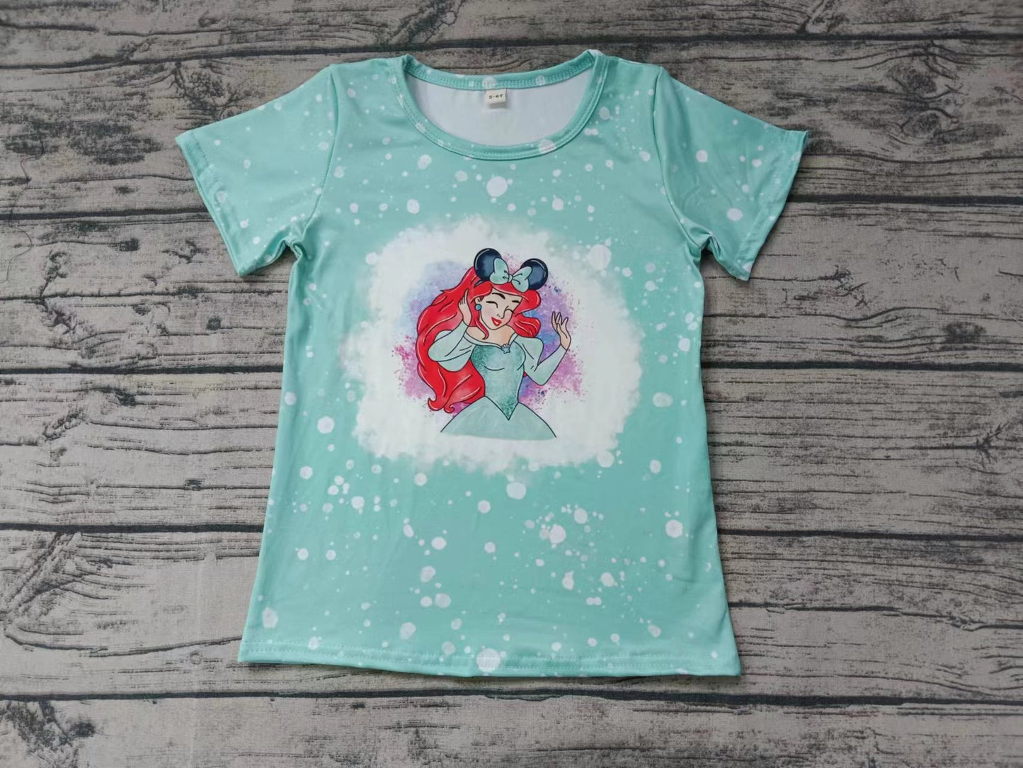 (Custom Design Preorder MOQ 5) Cartoon Princess Green Print Girls Summer Tee Shirts Top