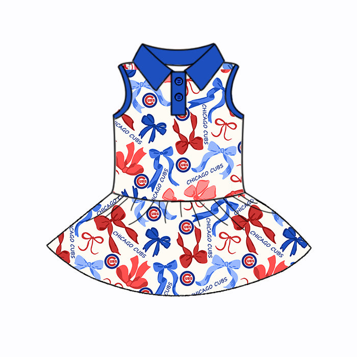 (Custom Design Preorder MOQ 5 Each Color) Team's CHICAGO CUBS Bows Print Girls Summer Clothes Sisters Matching Wear