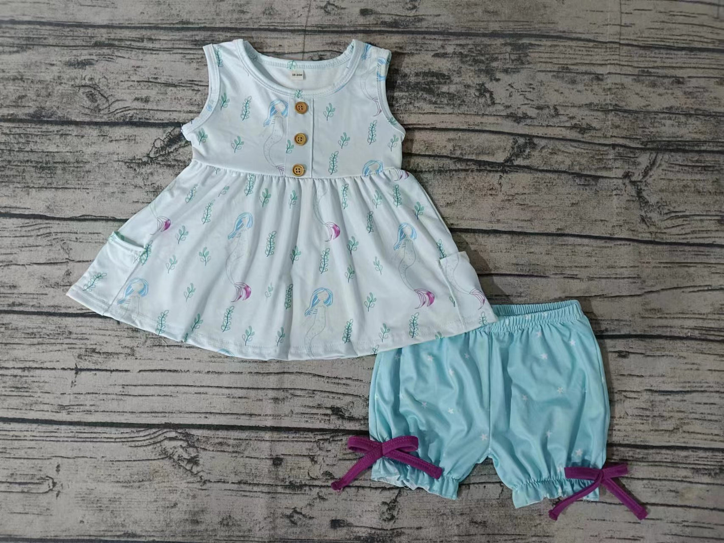 (Custom Design Preorder MOQ 5) Mermaid Tunic Top Blue Shorts Girls Summer Clothes Set