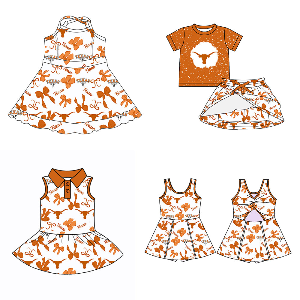 (Custom Design Preorder MOQ 5 Each Color) Team's Texas Longhorns Bows Print Girls Summer Clothes Sisters Matching Wear