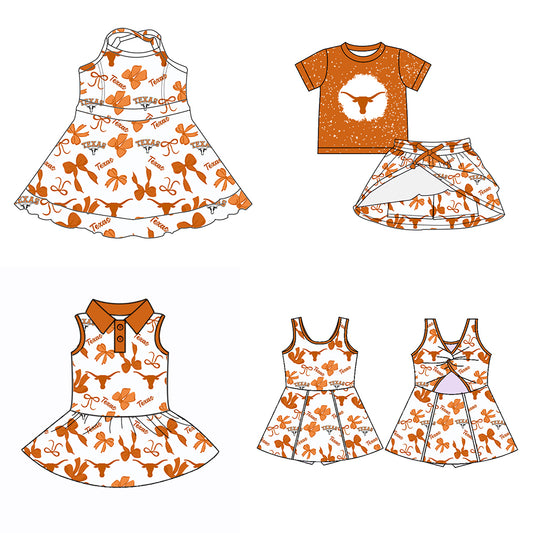 (Custom Design Preorder MOQ 5 Each Color) Team's Texas Longhorns Bows Print Girls Summer Clothes Sisters Matching Wear