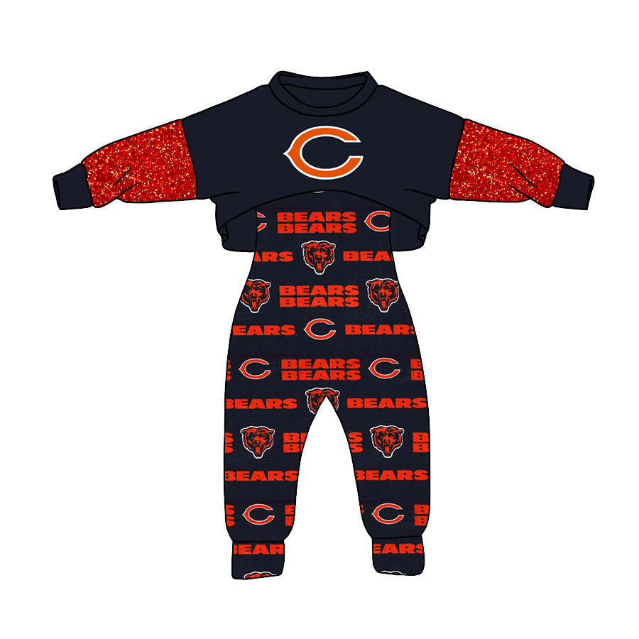 (Custom Design MOQ 5) NO.5 Black Football Team's Print Girls Jumpsuits Clothes Set