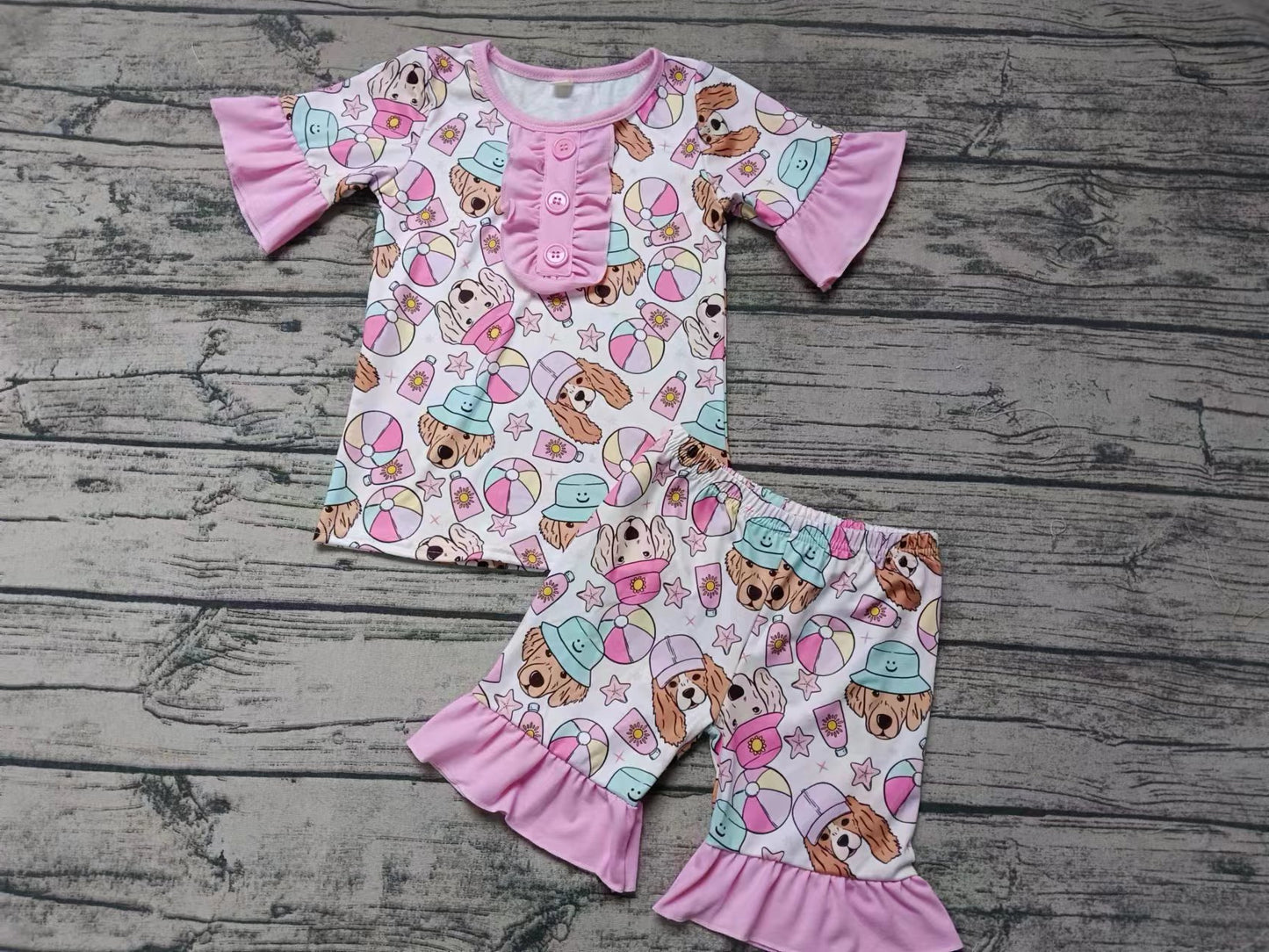 (Custom Design Preorder MOQ 5) Dog Ball Print Girls Summer Pajamas Clothes Set