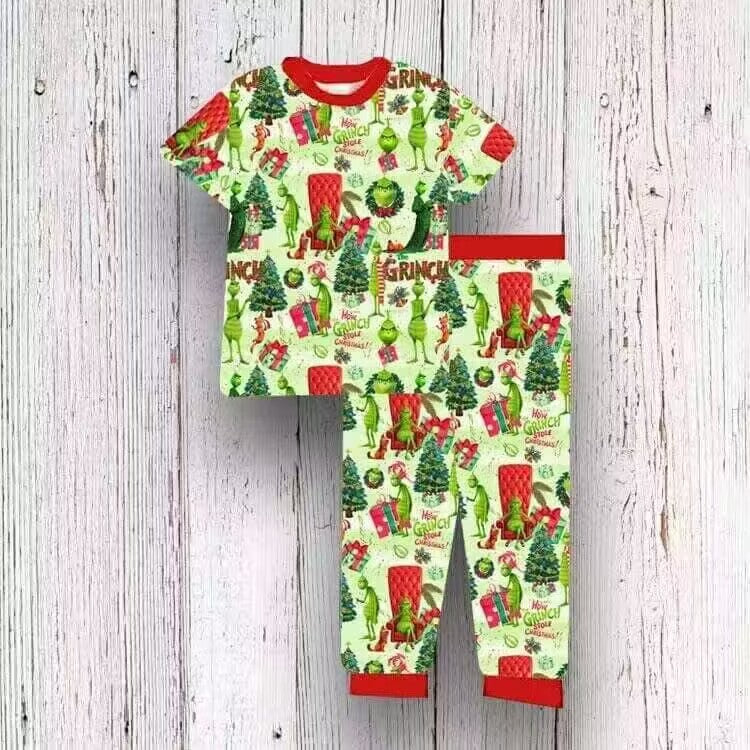 (Custom Design Preorder MOQ 5) Green Frog Print Kids Christmas Pajamas Clothes Set
