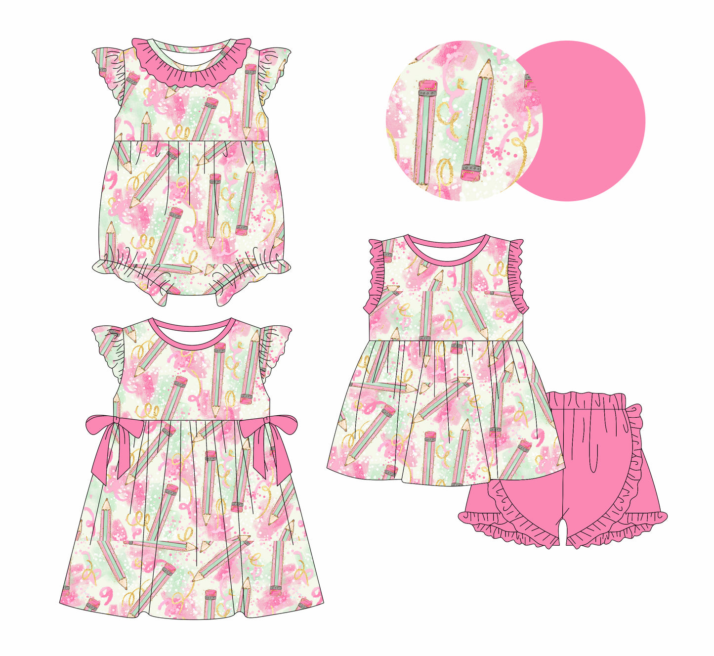 1.6(Custom Design Preorder MOQ 5 Each Design) Pen Pink Tie-dye Print Girls Back to School Matching Clothes Sisters Wear
