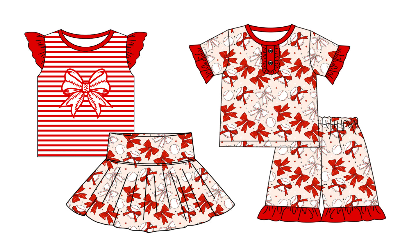 2.18(Custom Design Preorder MOQ 5 Each Design) Baseball Bows Print Girls Summer Matching Clothes Sisters Wear
