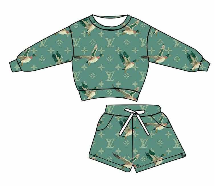 (Custom Design Preorder MOQ 5 Each Item) Duck Green L*V* Top Pockets Shorts Girls Clothes Set