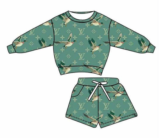 (Custom Design Preorder MOQ 5 Each Item) Duck Green L*V* Top Pockets Shorts Girls Clothes Set