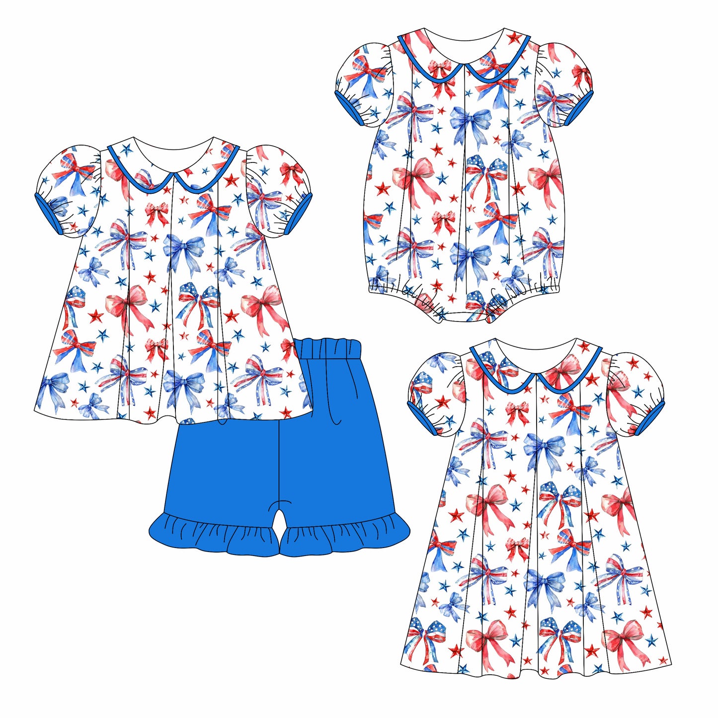 3.6(Custom Design Preorder MOQ 5 Each Design) Red Blue Bows Print Girls 4th of July Matching Clothes Sisters Wear