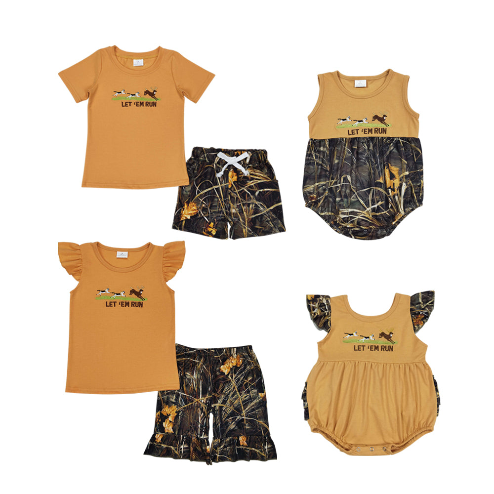 Let Em Run Dog Deer Embroidery Branch Print Sibling Summer Matching Clothes
