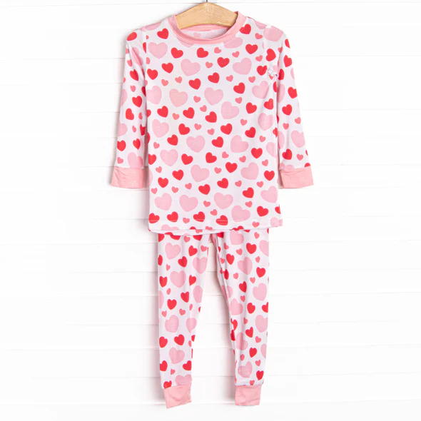 (Custom Design Preorder MOQ 5) Heart Print Girls Valentine's Day Pajamas Clothes Set