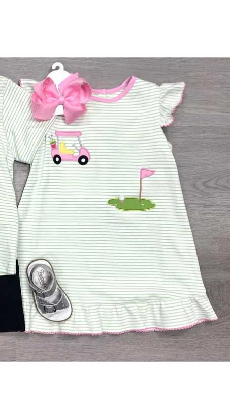 (Custom Design Preorder MOQ 5) Golf Truck Stripes Print Girls Summer Knee Length Dress