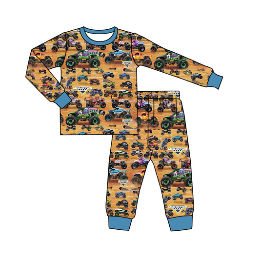 (Custom Design Preorder MOQ 5) Monster Trucks Print Pants Boys Fall Pajamas Clothes Set