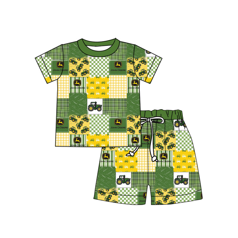 (Custom Design Preorder MOQ 20) Green Tractors Print Boys Summer Bamboo Clothes Set