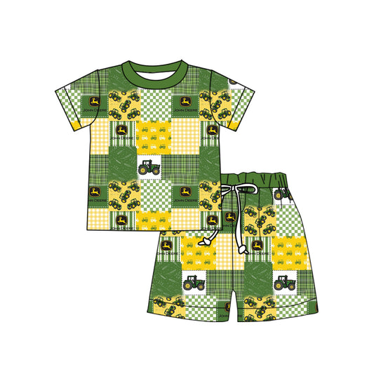 (Custom Design Preorder MOQ 20) Green Tractors Print Boys Summer Bamboo Clothes Set