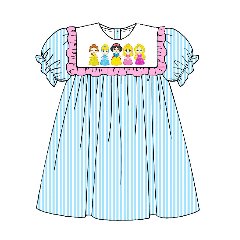 (Custom Design Preorder MOQ 5) Cartoon Princess Blue Stripes Print Girls Knee Length Dress