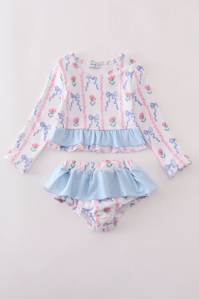 (Custom Design Preorder MOQ 5) Flowers Bows Long Sleeve Top Ruffle Shorts Girls 2 Pieces Swimsuits