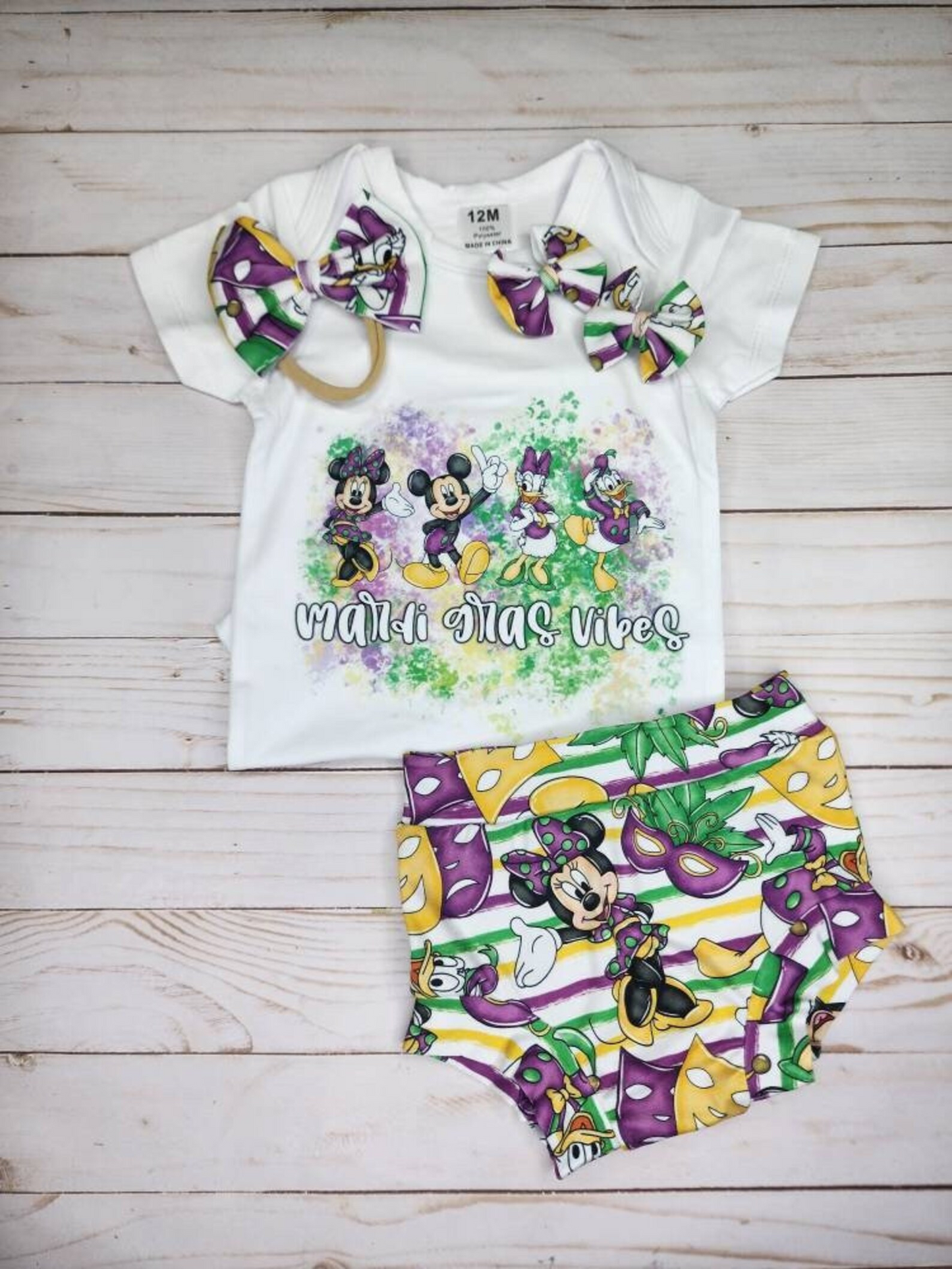 (Custom Design Preorder MOQ 5) Cartoon Mouse Duck Print Baby Girls Mardi Gras Bummie Set