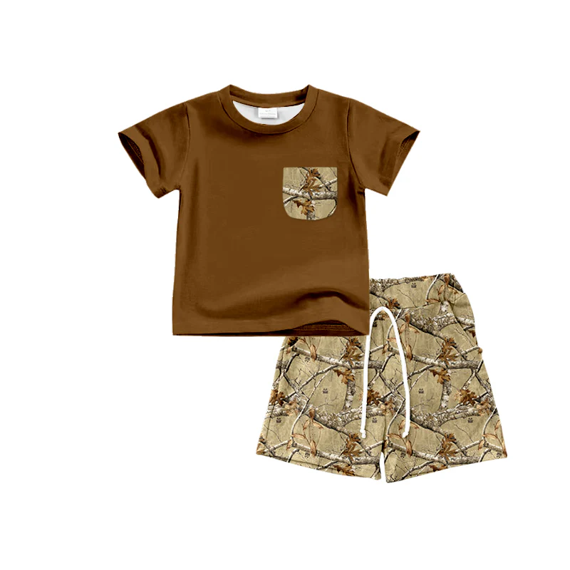 (Custom Design Preorder MOQ 5) Brown Pocket Top Branch Shorts Boys Summer Clothes Set
