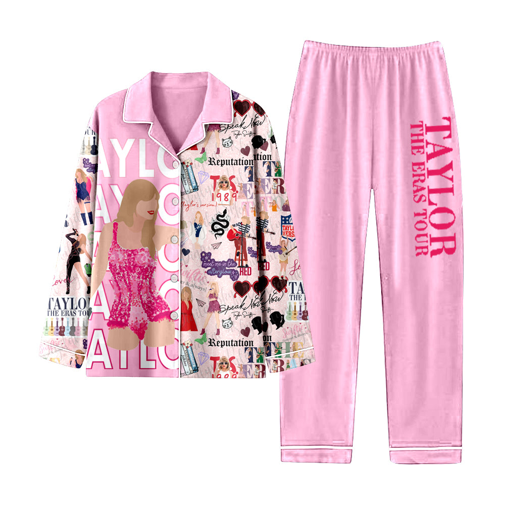 12.12(Custom Design Preorder MOQ 5) Singer Swiftie Pink Print Girls Buttons Pajamas Clothes Set