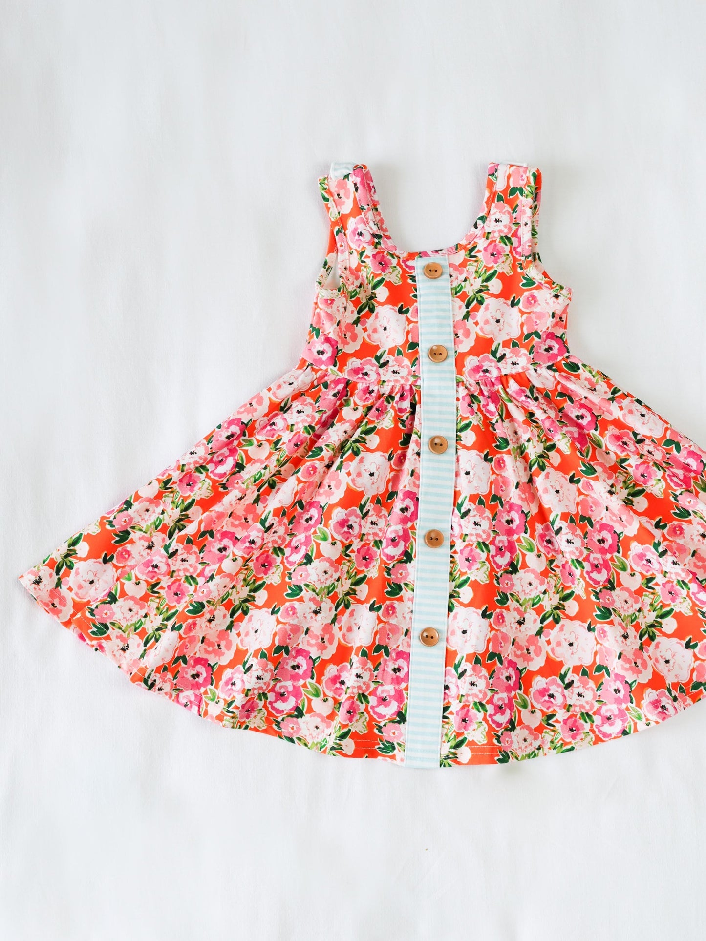 (Custom Design Preorder MOQ 5) Orange Flowers Print Girls Summer Knee Length Dress