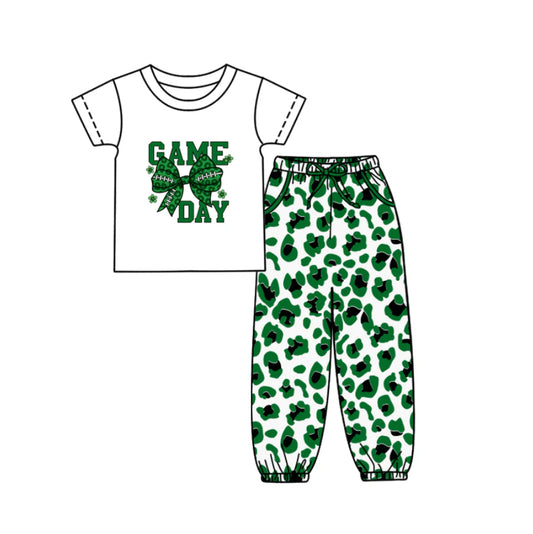 (Custom Design Preorder MOQ 5) Game Day Bow Top Green Leopard Joggers Pants Girls Clothes Set