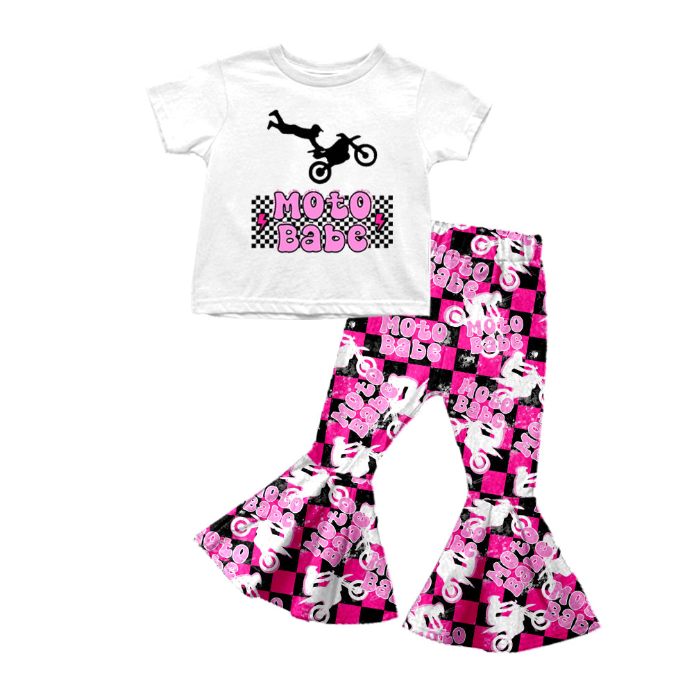(Custom Design Preorder MOQ 5) Moto Babe Plaid Print Girls Bell Pants Clothes Set