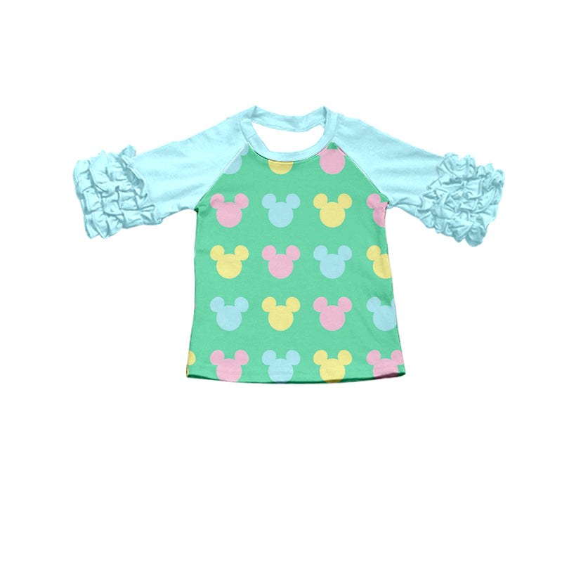 (Custom Design Preorder MOQ 5) Colorful Cartoon Mouse Green Print Girls Summer Tee Shirts Top