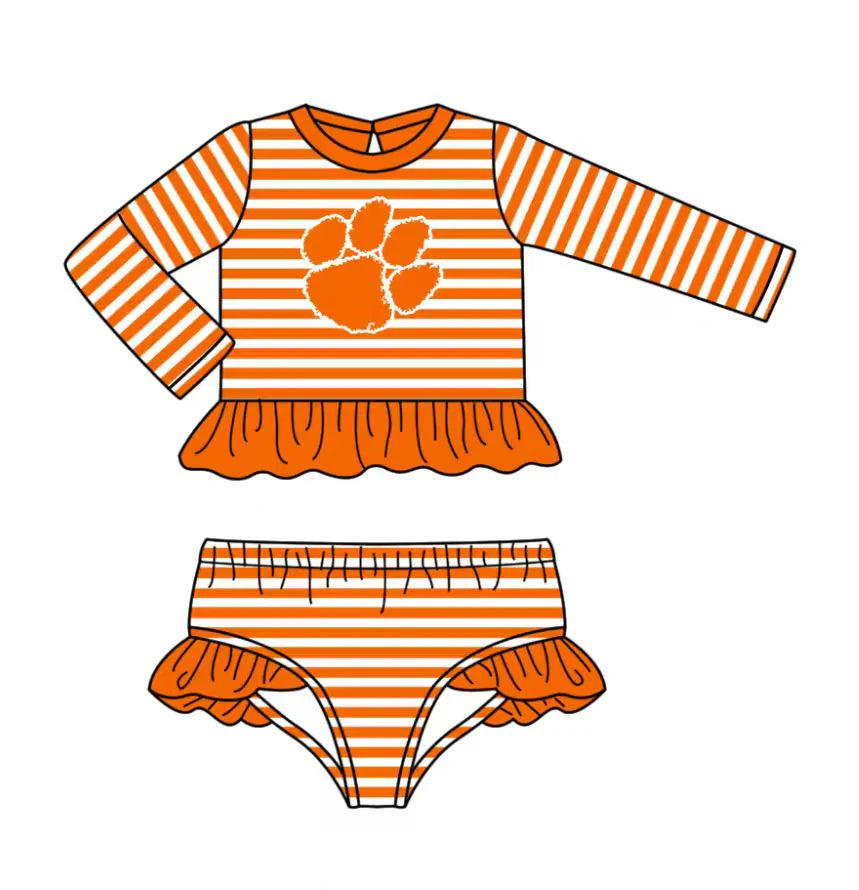 (Custom Design Preorder MOQ 5) Team's Clemson Tigers Stripes Print Girls 2 Pieces Swimsuits
